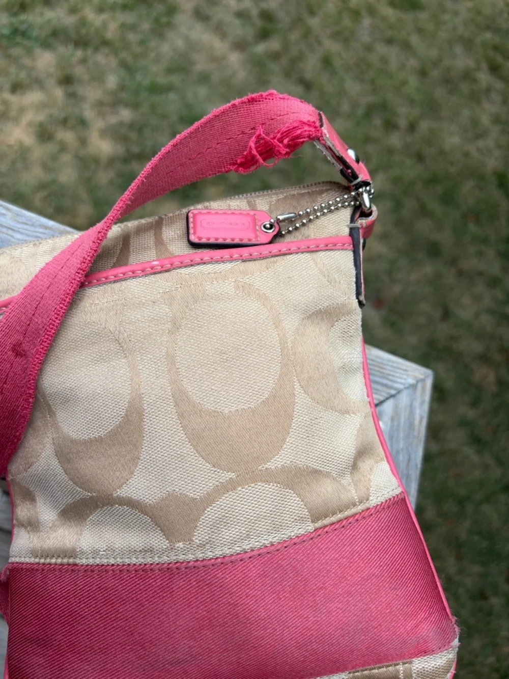 Coach Beige Signature Canvas Crossbody with Pink and patent leather accents
